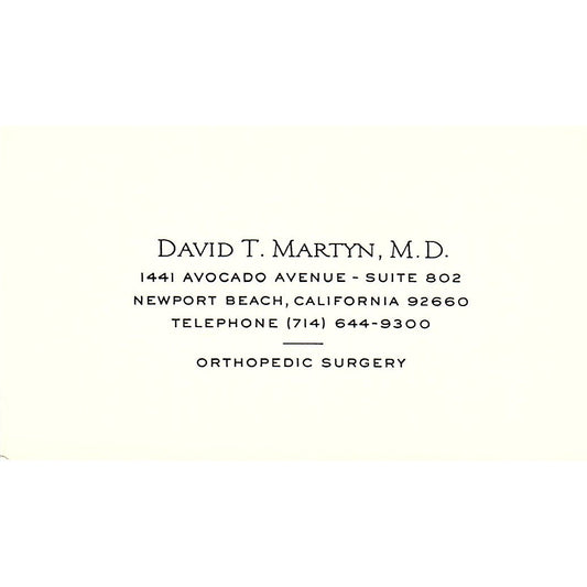 Orthopedic Surgery David T. Marty, M.D, Newport Bach, CA Business Card SF3-B9