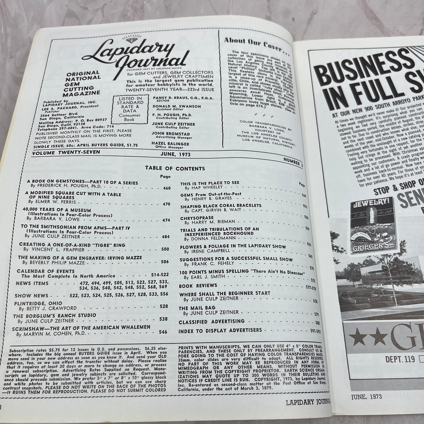 Gems, Minerals, Fossils Los Angeles County Museum Lapidary Journal Jun 1973 M25