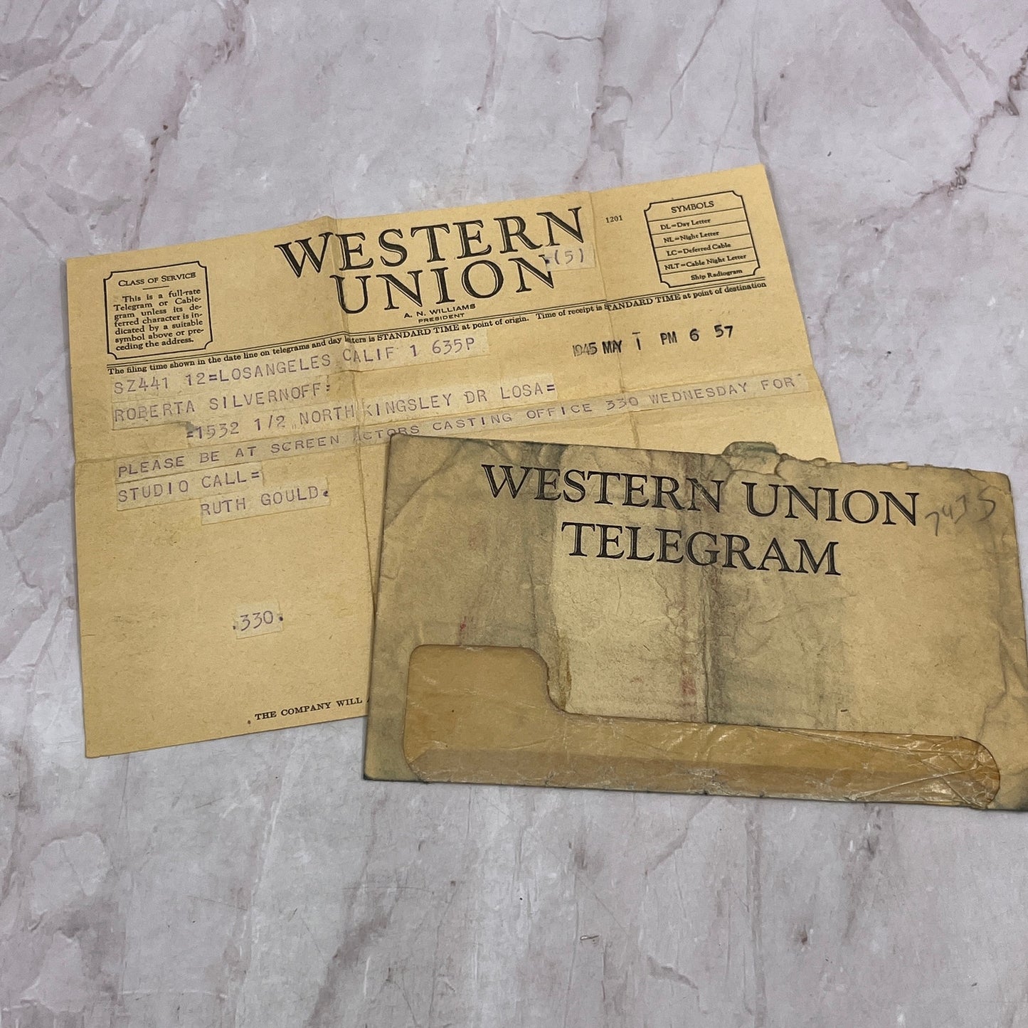 1945 Roberta Silvernoff Actor Screening Ruth Gold Western Union Telegram TJ5-TB