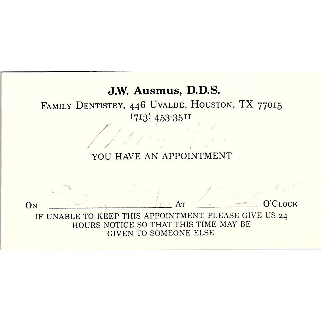 J.W. Ausmus DDS Family Dentistry Houston Vintage Business Card SC9-B3