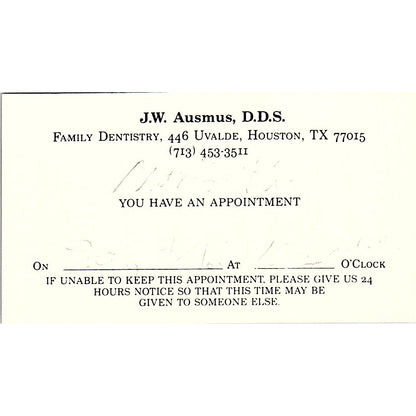 J.W. Ausmus DDS Family Dentistry Houston Vintage Business Card SC9-B3