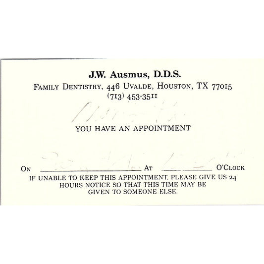 J.W. Ausmus DDS Family Dentistry Houston Vintage Business Card SC9-B3