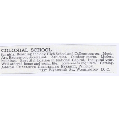 Charlotte Crittenden Everett Colonial School Washington DC c1918 Ad AE5-SA10