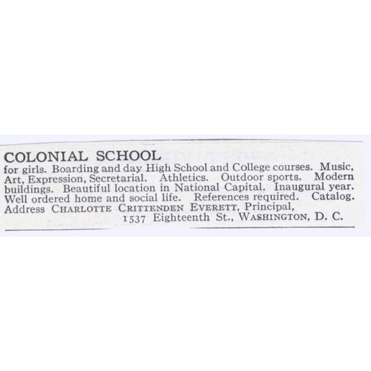 Charlotte Crittenden Everett Colonial School Washington DC c1918 Ad AE5-SA10
