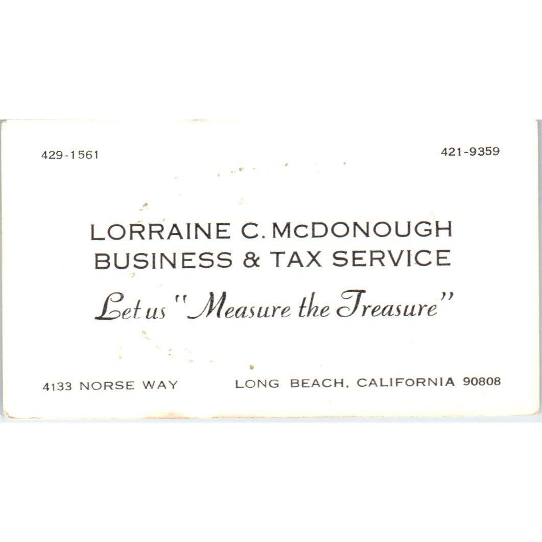 Lorraine C. McDonough Tax Service Long Beach CA Vintage Business Card SD8-B9