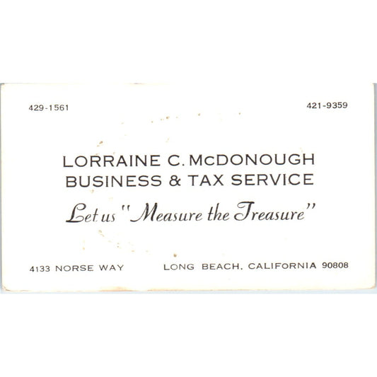 Lorraine C. McDonough Tax Service Long Beach CA Vintage Business Card SD8-B9
