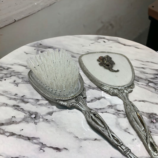 1950s Vanity Set Brush Comb Mirror Chrome Silver Toned Ornate Roses TF5