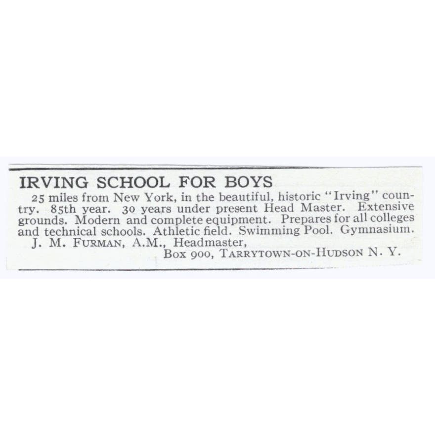 Irving School J.M. Furman Tarrytown on Hudson NY c1918 Advertisement AE5-SV1
