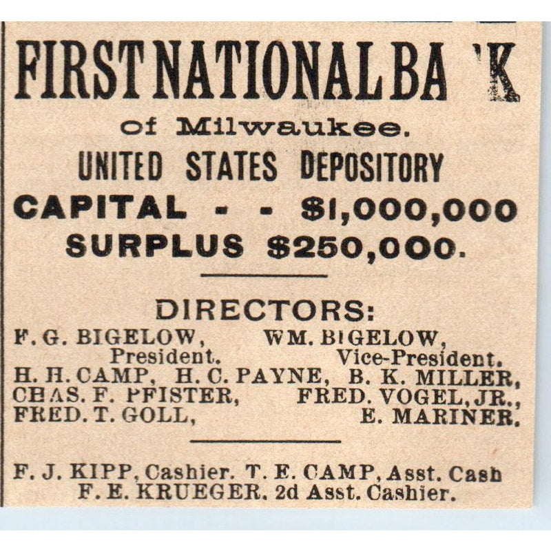 F.G. Bigelow First National Bank of Milwaukee 1898 Newspaper Clip AF7-SS9