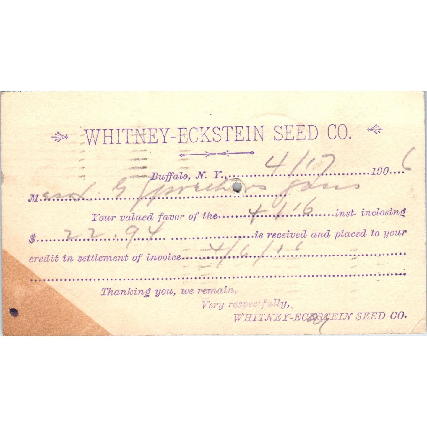 1906 Whitney-Eckstein Seed Co Buffalo NY Payment Receipt Postal Card AE8