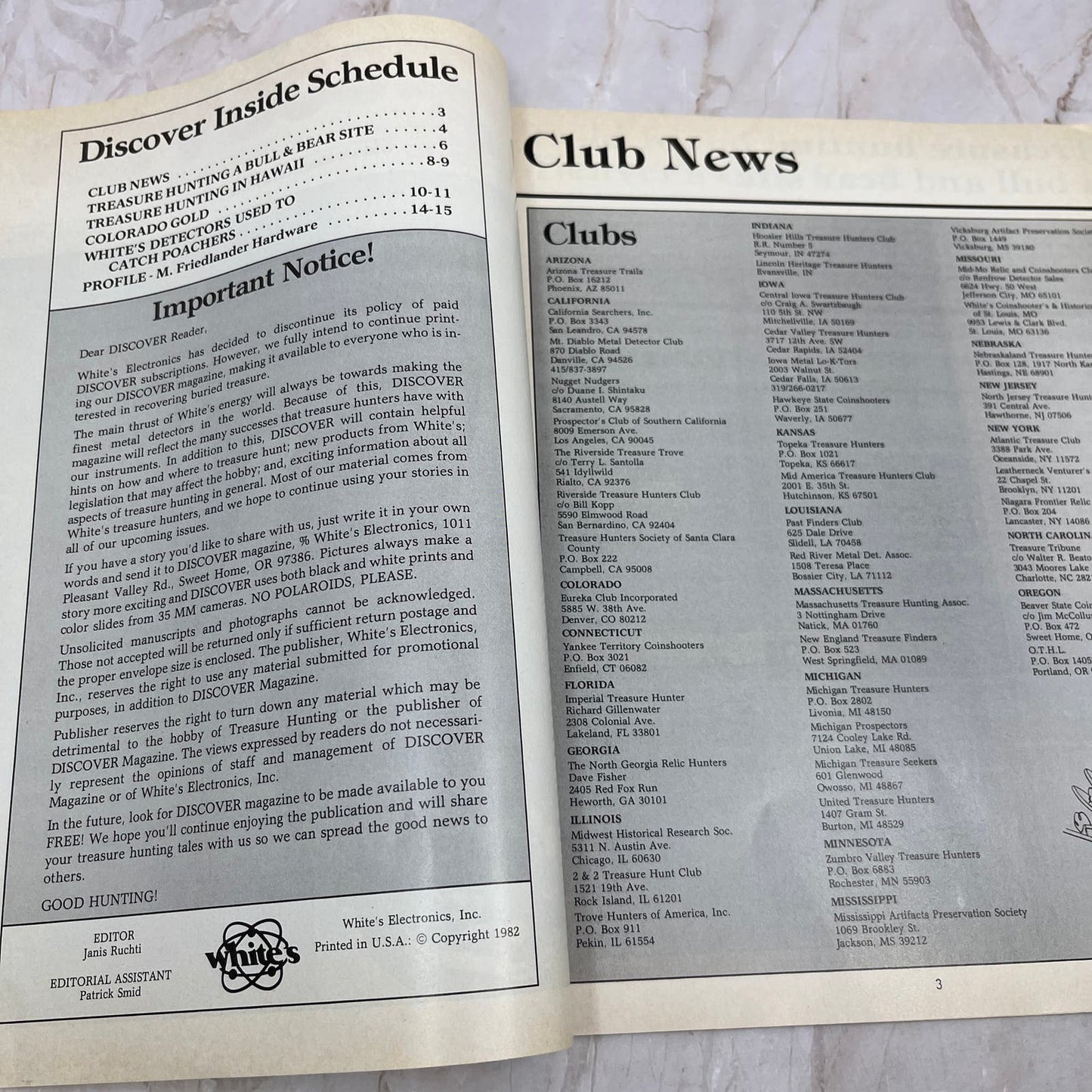 1982 - Discover Treasure Hunting Magazine - White's Electronics Inc M11