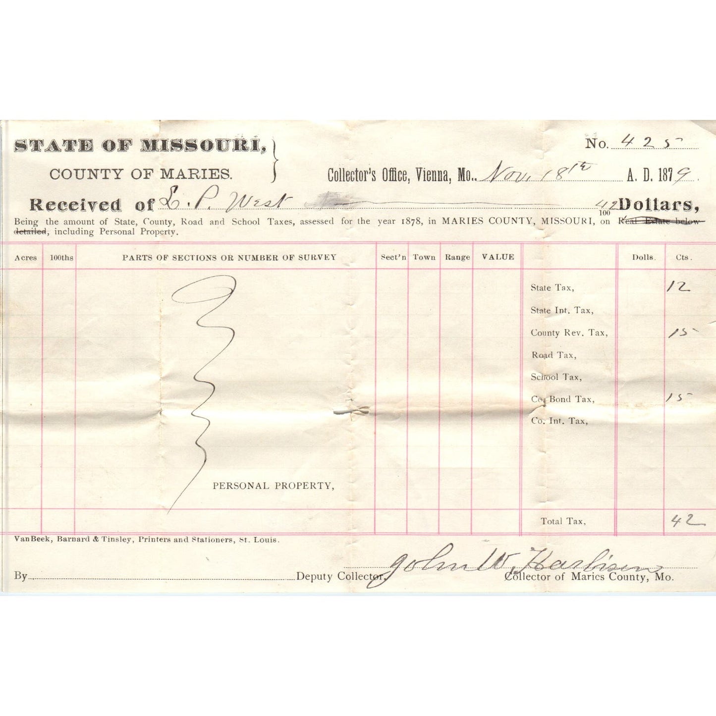 1879 Missouri County of Maries Tax Collector Receipt Vienna MO AE7