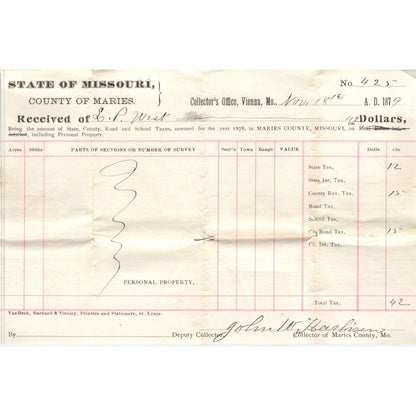 1879 Missouri County of Maries Tax Collector Receipt Vienna MO AE7