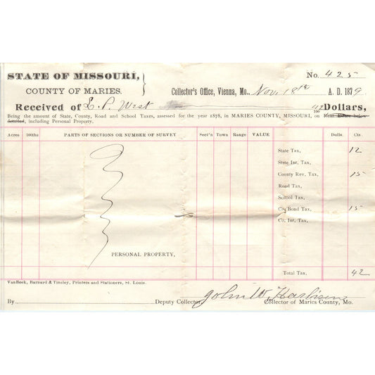 1879 Missouri County of Maries Tax Collector Receipt Vienna MO AE7