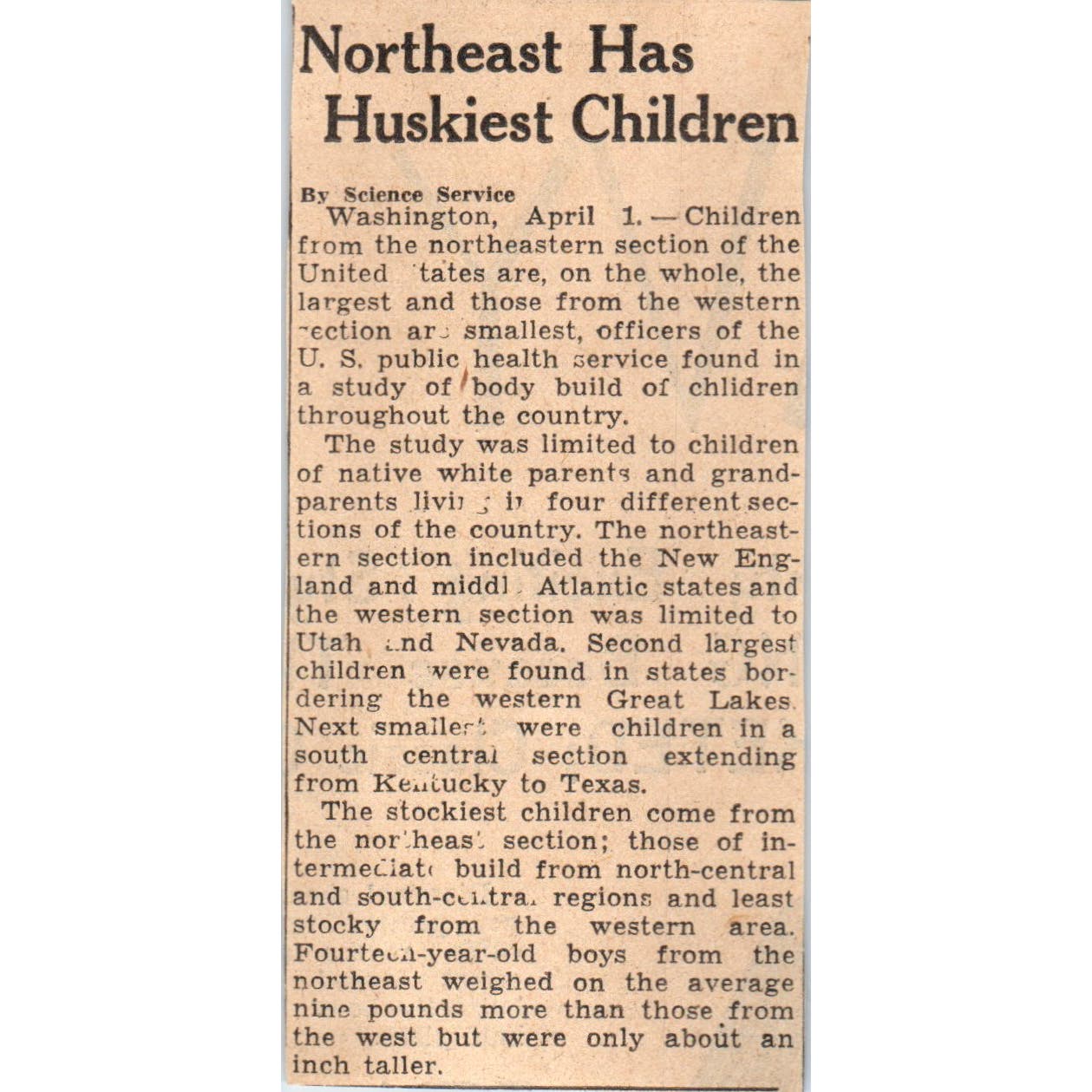 Study Shows Northeast Children are Huskiest 1935 News Article AE7-N5
