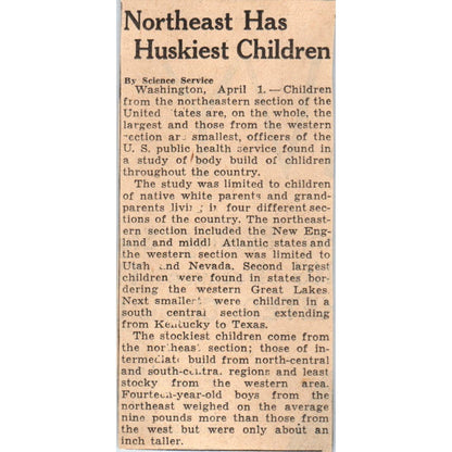 Study Shows Northeast Children are Huskiest 1935 News Article AE7-N5