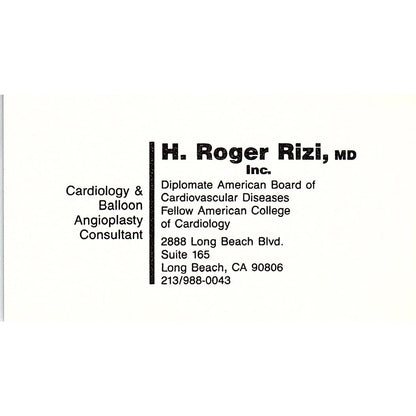 H Roger Rizi Cardiology Consultant Long Beach CA Vintage Business Card SB4-B1