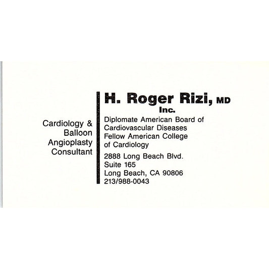 H Roger Rizi Cardiology Consultant Long Beach CA Vintage Business Card SB4-B1