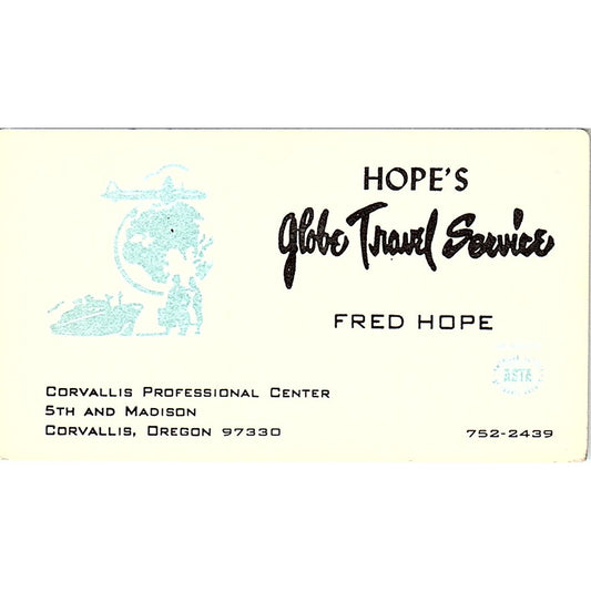 Hope's Globe Travel Service Fred Corvallis Oregon Vintage Business Card SB4-B7