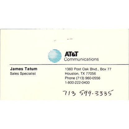 James Tatum Sales Specialist AT&T Houston Vintage Business Card SD9-B7