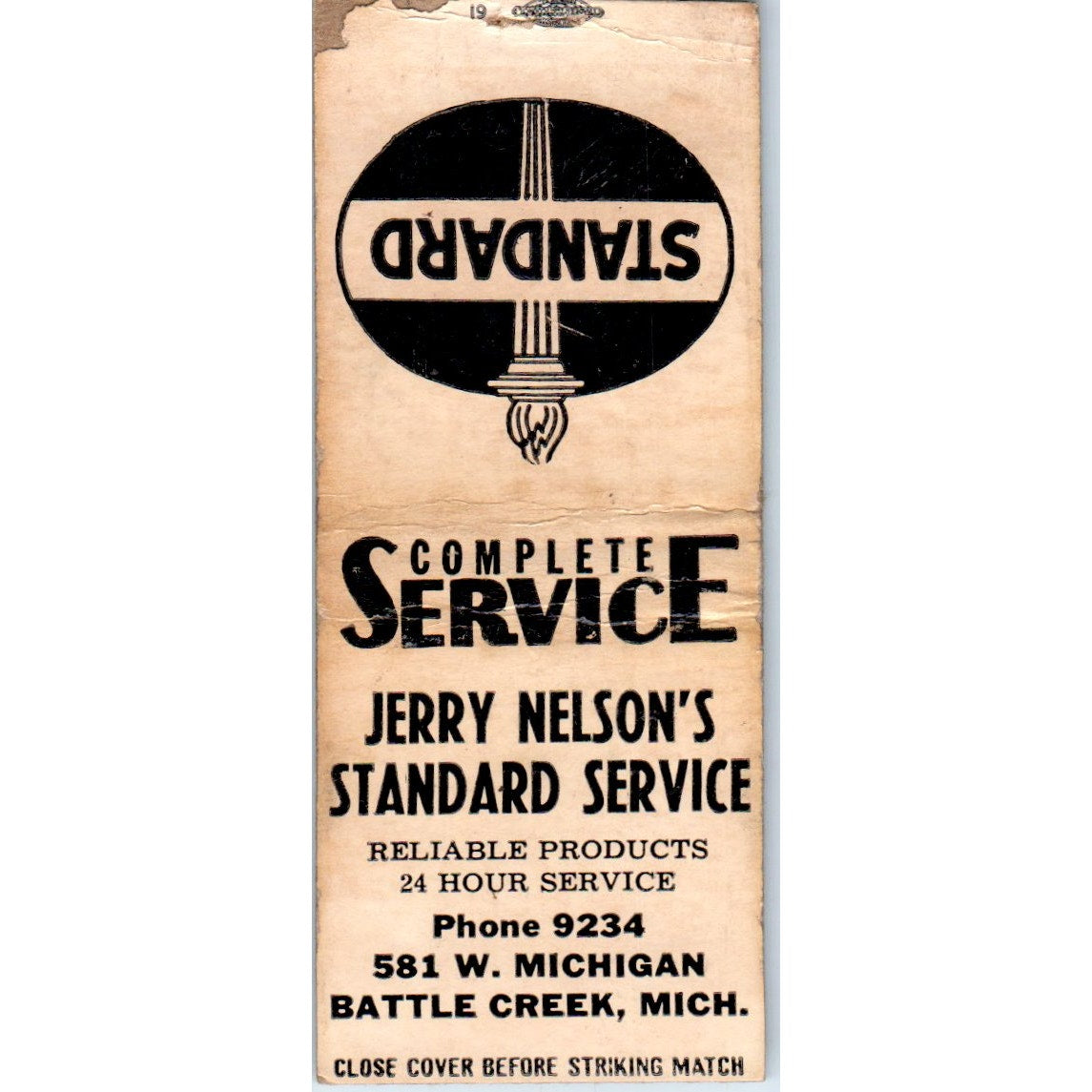 Jerry Nelson's Standard Service Station Battle Creek MI Vintage Matchbook SF4-Y4