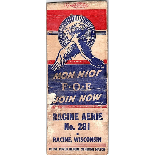 F.O.E. Racine Aerie No. 281 WI Vintage Matchbook Cover SC7-Y11