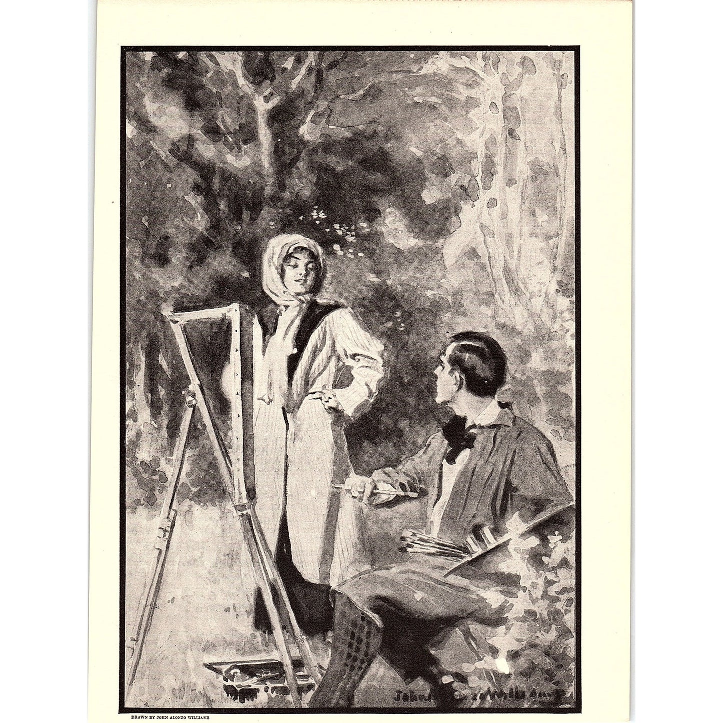 Artist Painting Woman - John Alonzo Williams Vintage Art Print 7x9.5 V4