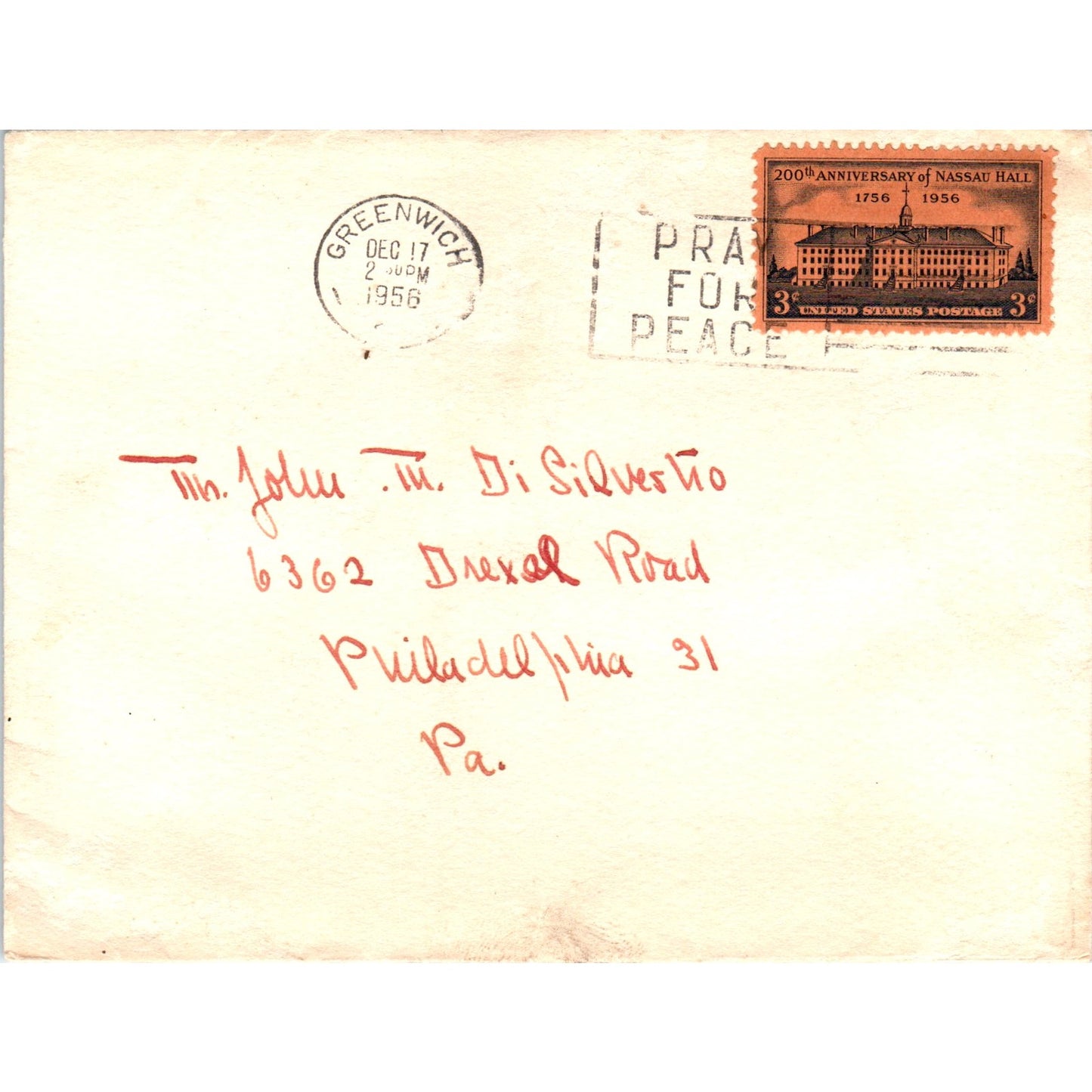 1956 Greenwich CT Di Silvestro Nassau Hall Stamp Postal Cover Envelope TG7-PC3
