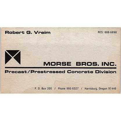 Robert G Vreim Morse Bros Inc Harrisburg OR Vintage Business Card SD9-B3