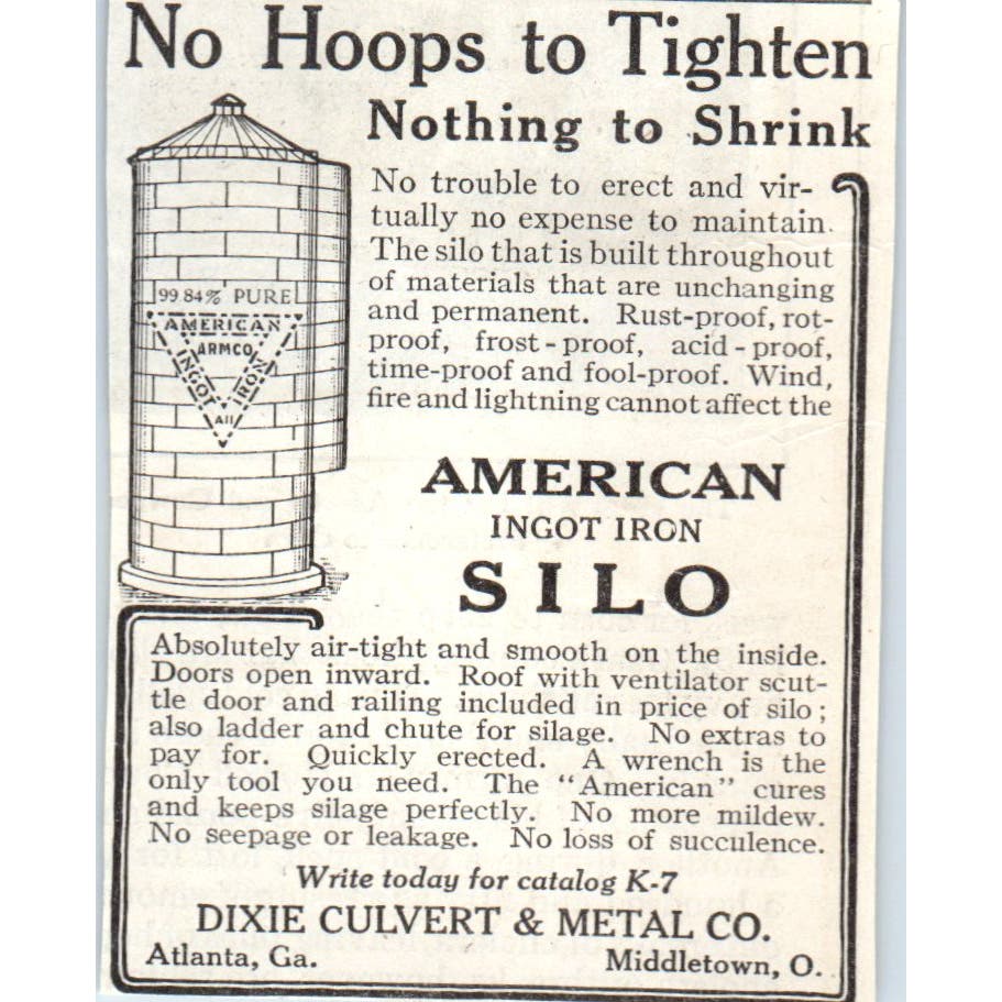 Dixie Culvert & Metal Co American Ingot Iron Silo Middletown 1913 Ad AE7-N7