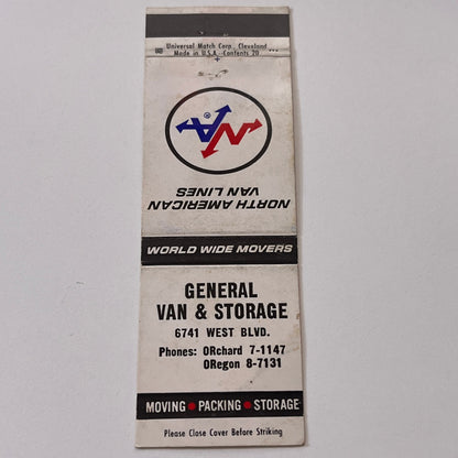 General Van & Storage 6741 West Blvd Inglewood Vintage Matchbook Cover TB6-MB2-1