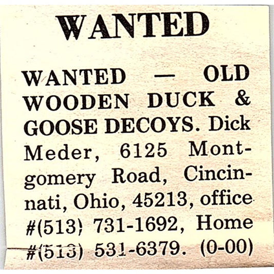 Dick Meder Duck Decoy Collector Cincinnati OH 1984 Ad AF9-S1