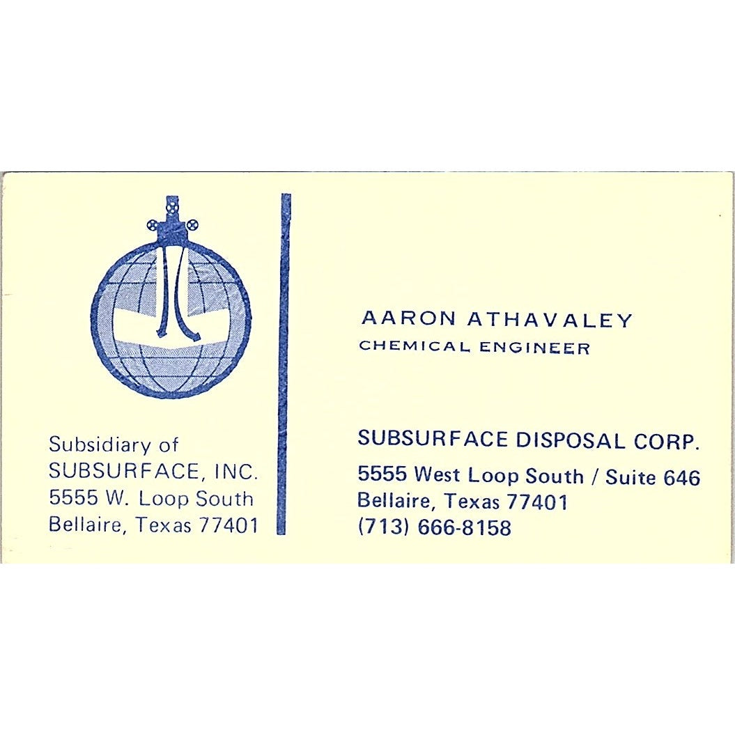 Subsurface Disposal Corp Aaron Athavaley Bellaire Texas Business Card SF3-B5