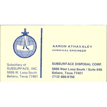 Subsurface Disposal Corp Aaron Athavaley Bellaire Texas Business Card SF3-B5