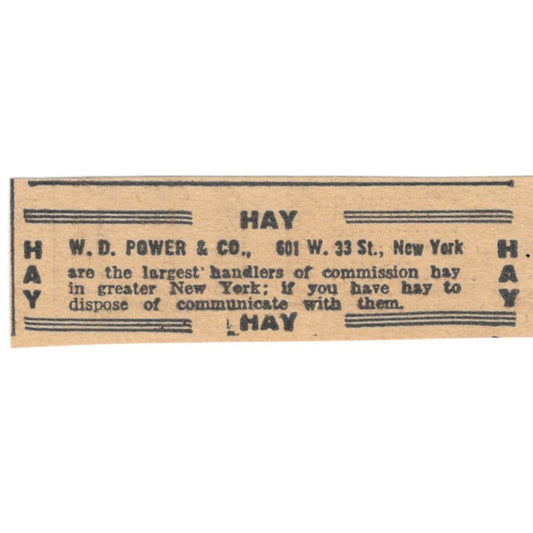 W.D. Power & Co Hay 601 W. 33 St. New York 1922 Magazine Ad AF2-T2