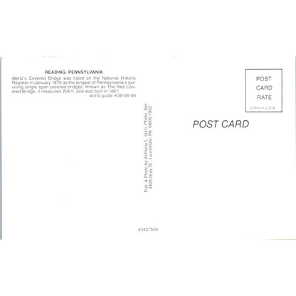 Wertz's Covered Bridge Reading Pennsylvania Covered Bridge Postcard PC5