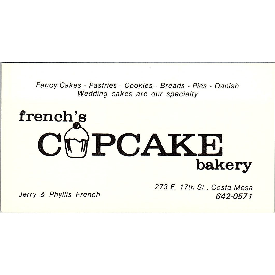 Jerry & Phyllis French Cupcake Bakery Costa Mesa Vintage Business Card SD9-B10
