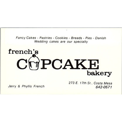 Jerry & Phyllis French Cupcake Bakery Costa Mesa Vintage Business Card SD9-B10