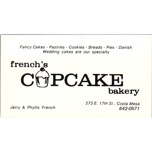 Jerry & Phyllis French Cupcake Bakery Costa Mesa Vintage Business Card SD9-B10