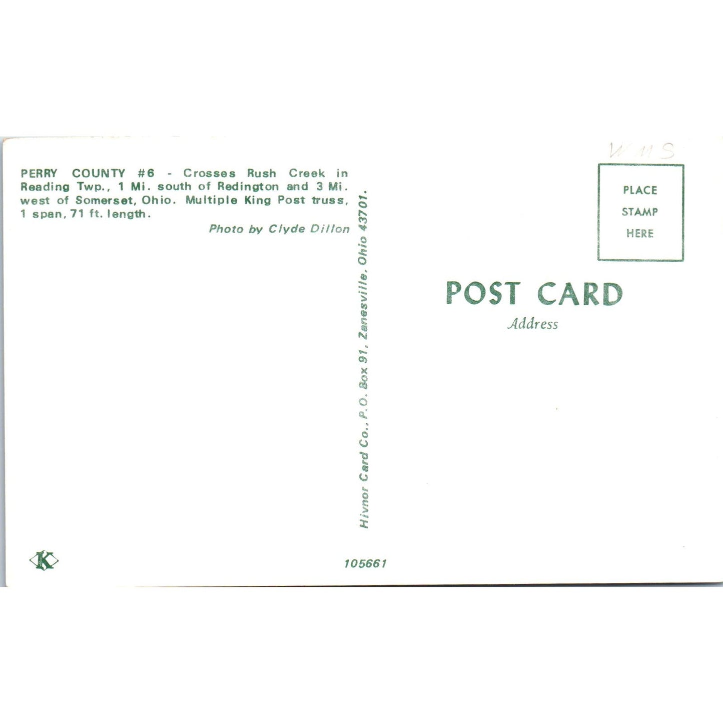 Perry County #6 Rush Creek Reading Township Ohio Covered Bridge Postcard PC2