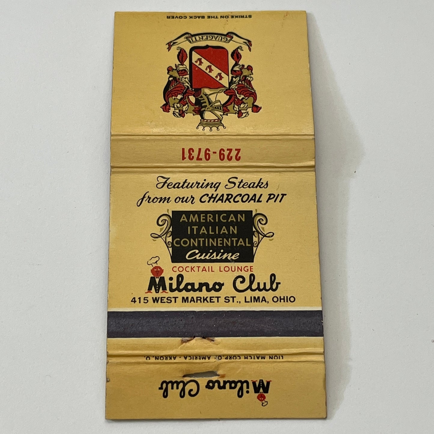 Milano Club Italian Cuisine Lima Ohio Vintage Matchbook Cover TB6-MB1-8