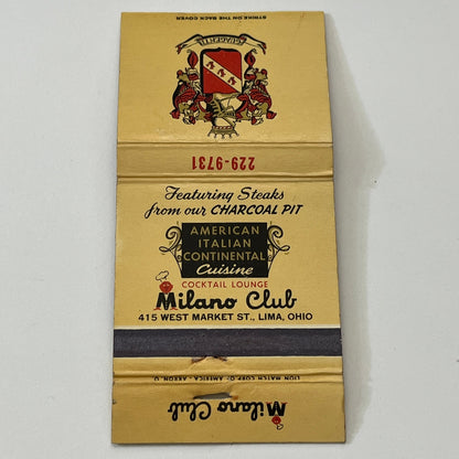 Milano Club Italian Cuisine Lima Ohio Vintage Matchbook Cover TB6-MB1-8