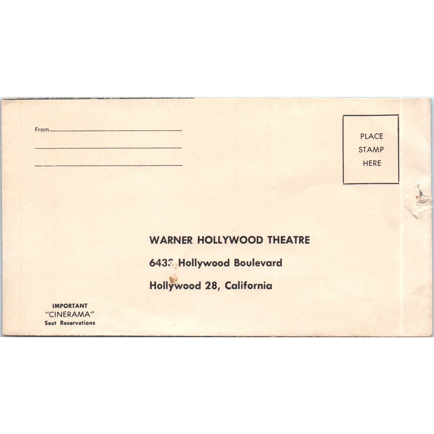 Warner Hollywood Theatre Cinerama Seat Reservation Envelope CA AE8