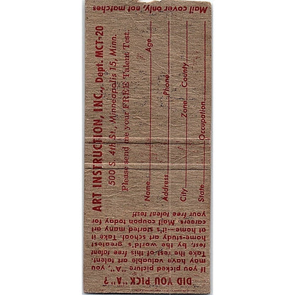 Free Art Talent Test Art Instruction Inc Minneapolis Vtg Matchbook Cover SC7-Y8