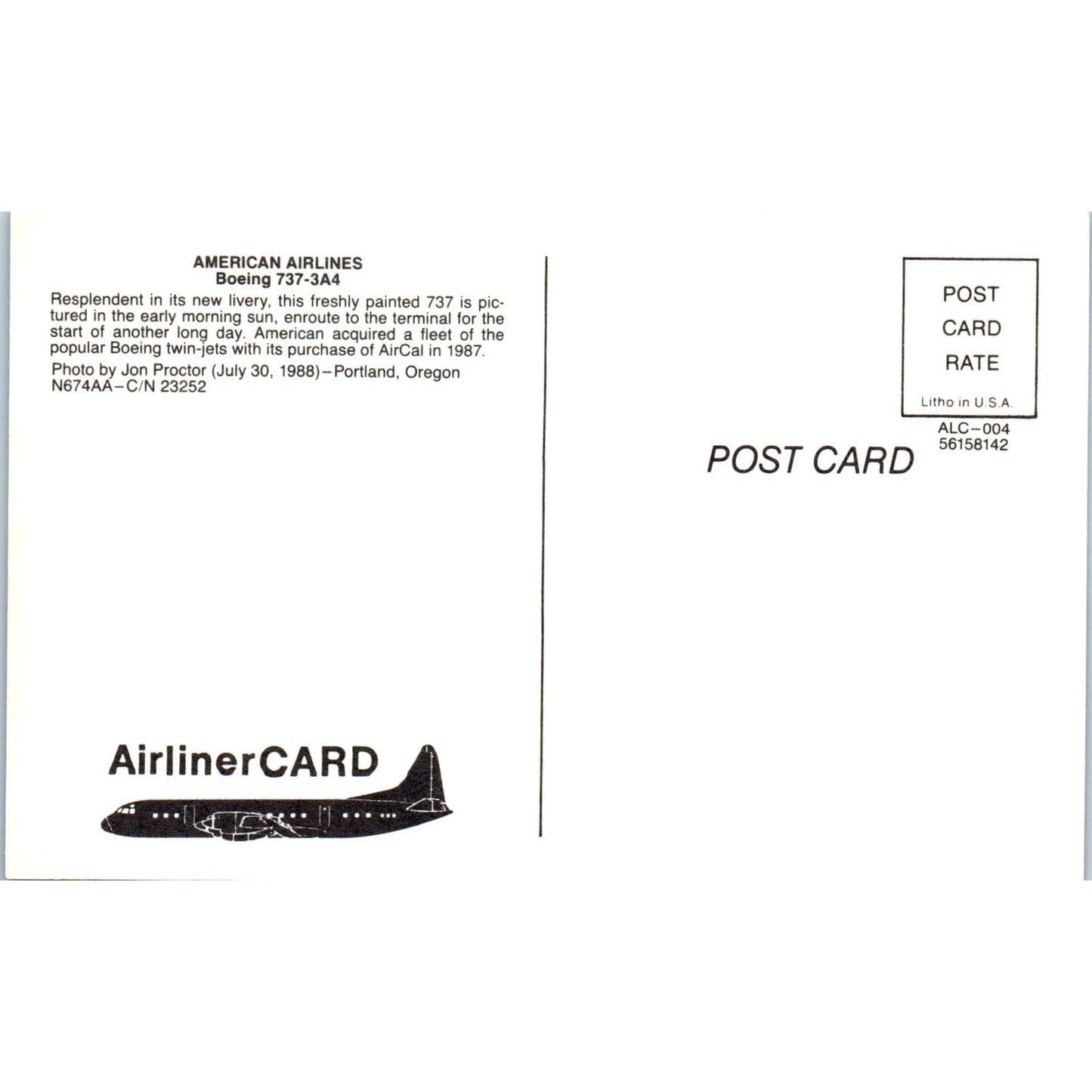 American Airlines Boeing 737-34A Vintage Postcard TG8-PC