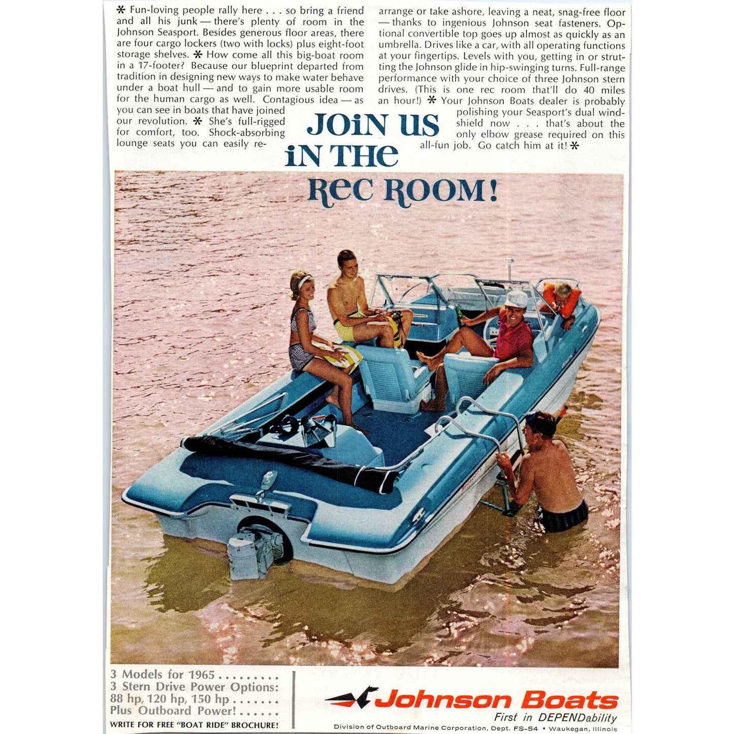 1965 Johnson Boats - Join Us In The Rec Room - Vintage Magazine Ad D20