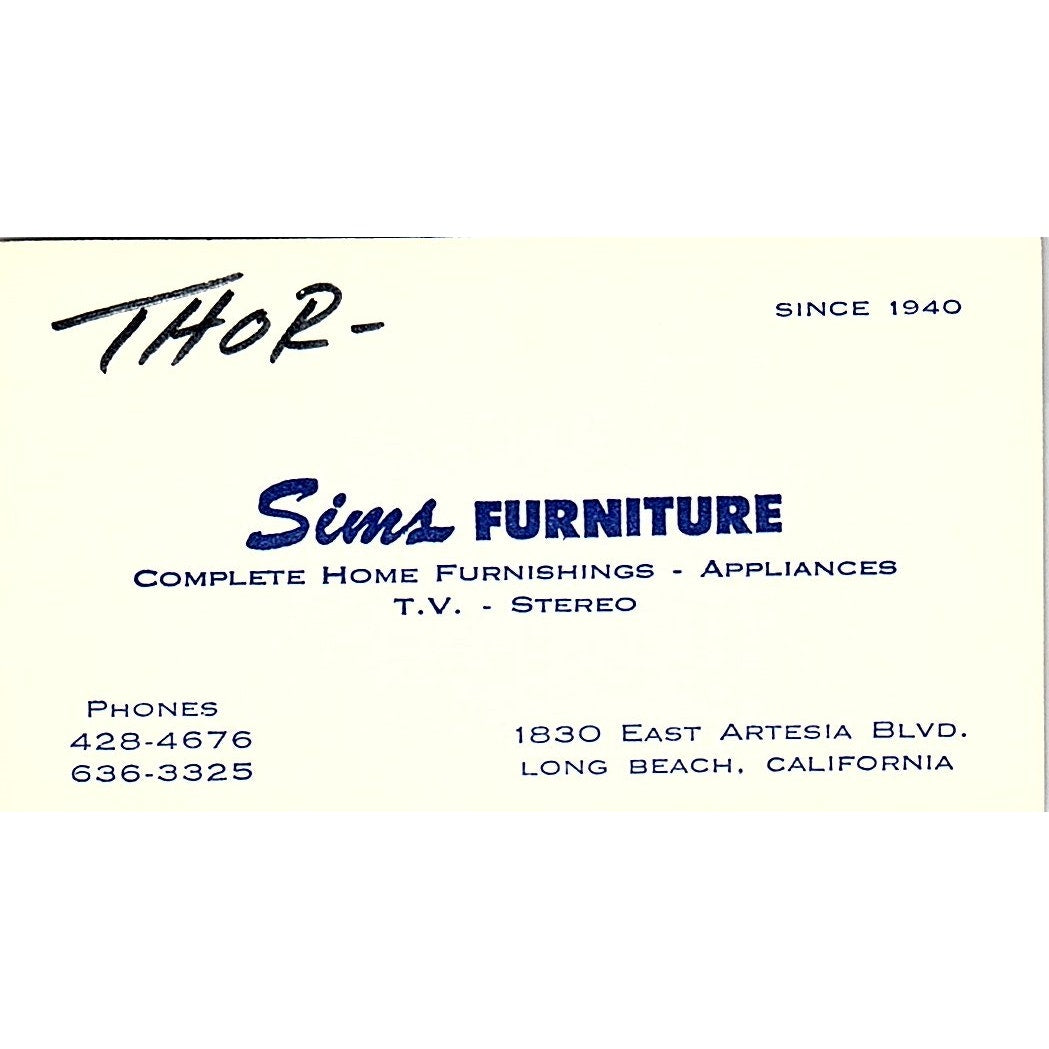 Sims Furniture Appliances Stereo Thor Long Beach CA Vintage Business Card SF3-B2