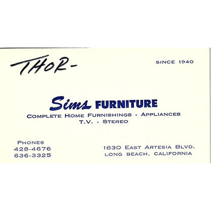 Sims Furniture Appliances Stereo Thor Long Beach CA Vintage Business Card SF3-B2