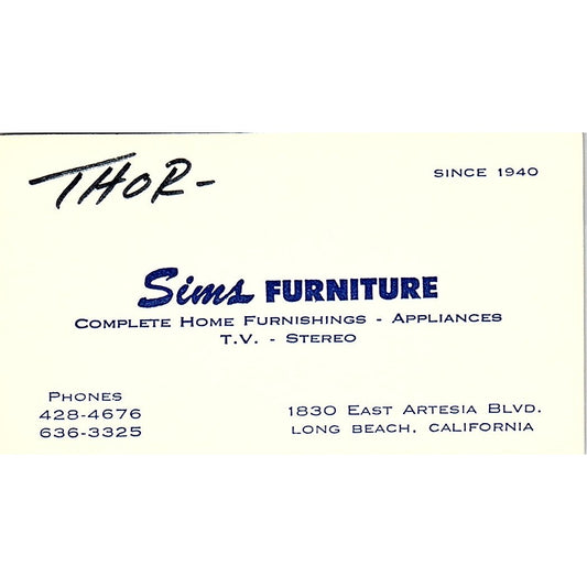 Sims Furniture Appliances Stereo Thor Long Beach CA Vintage Business Card SF3-B2