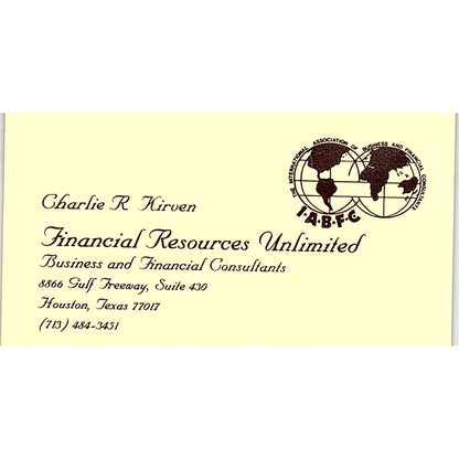 Charlie R. Kirven Financial Resources Unlimited Houston TX Business Card SF3-B4